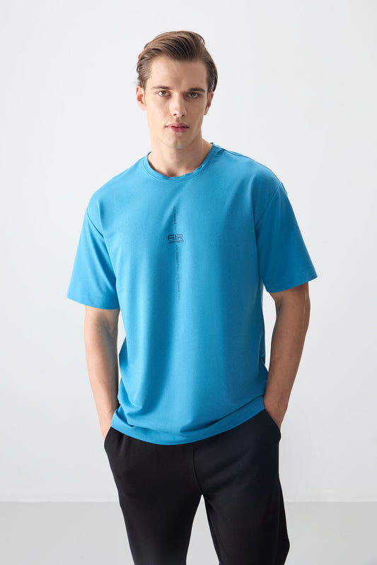 Petrol Blue Cotton Thick Soft Textured Oversize Fit Printed Men's T-Shirt - 88373