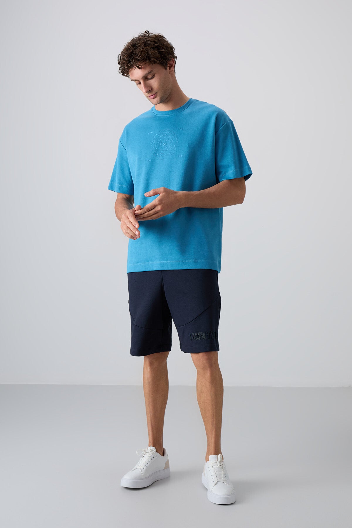 Petrol Blue Cotton Thick Soft Textured Oversize Fit Printed Men's T-Shirt - 88324