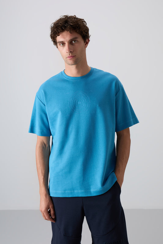 Petrol Blue Cotton Thick Soft Textured Oversize Fit Printed Men's T-Shirt - 88324
