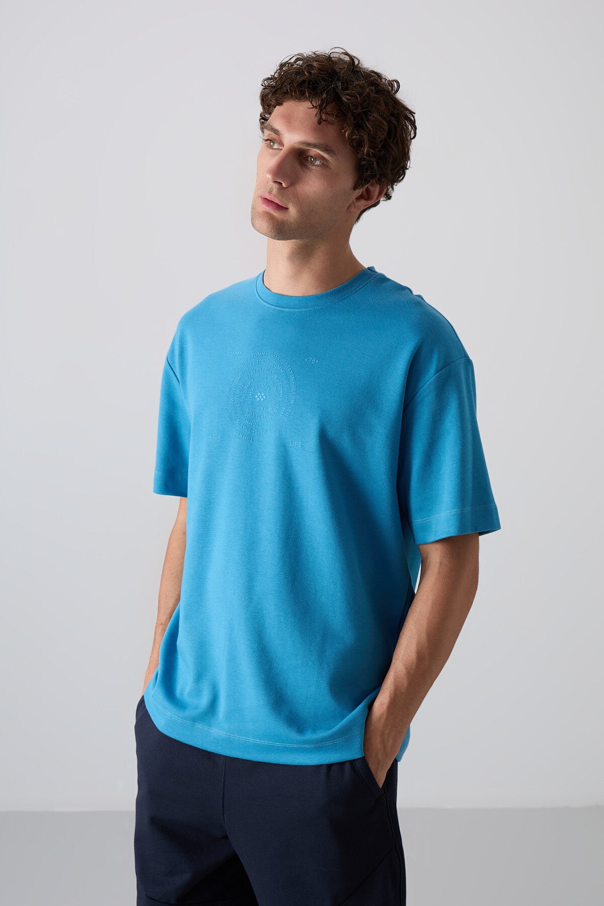 Petrol Blue Cotton Thick Soft Textured Oversize Fit Printed Men's T-Shirt - 88324