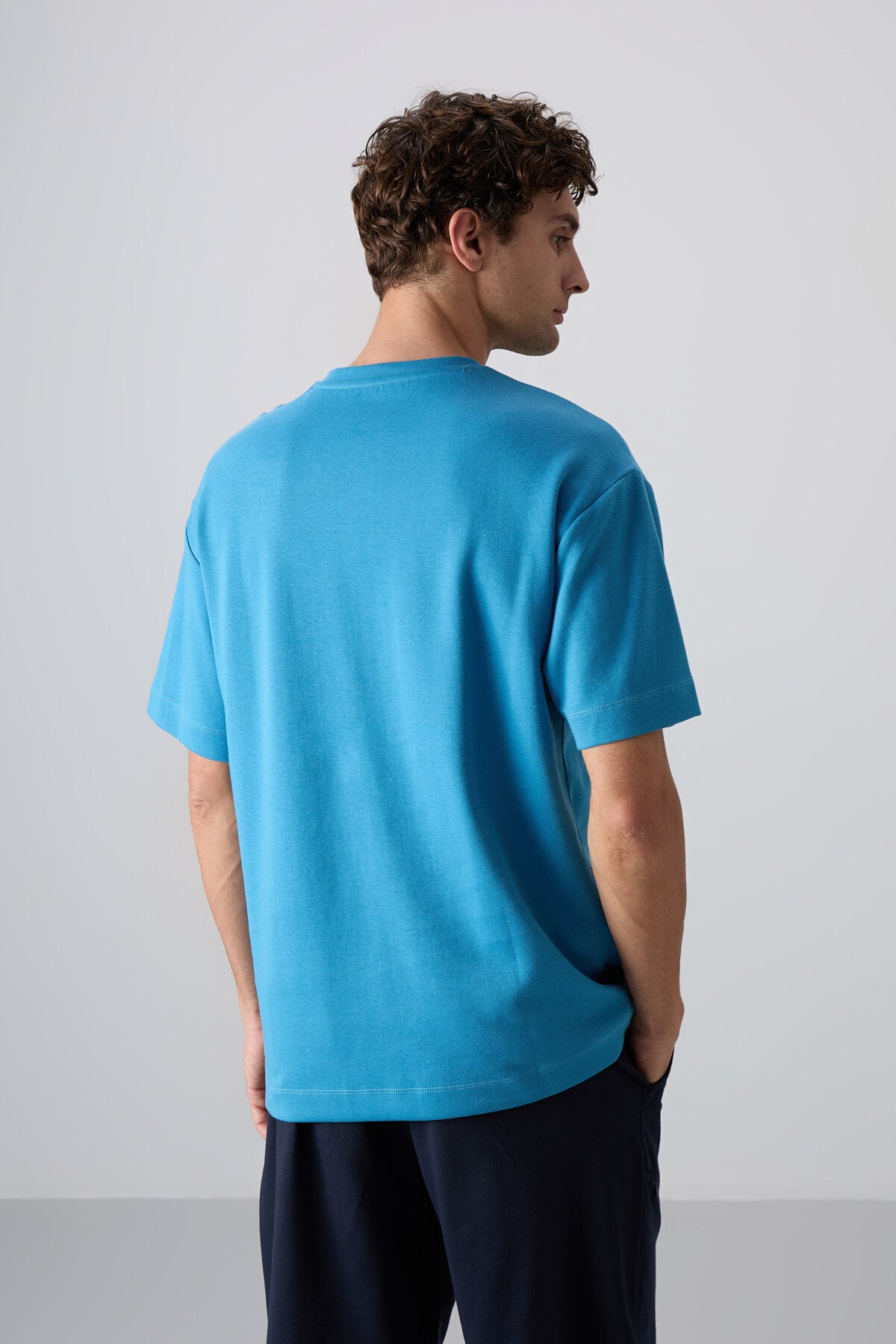 Petrol Blue Cotton Thick Soft Textured Oversize Fit Printed Men's T-Shirt - 88324