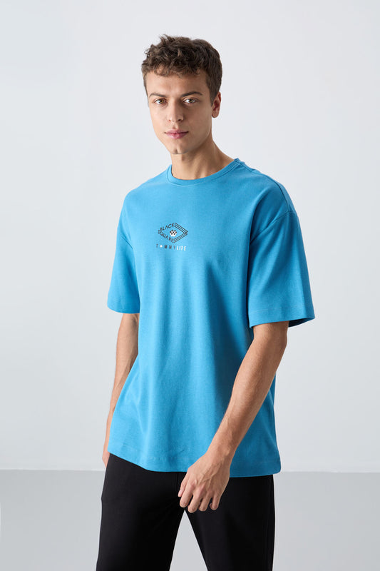 Petrol Blue Cotton Thick Soft Textured Oversize Fit Printed Men's T-Shirt - 88325