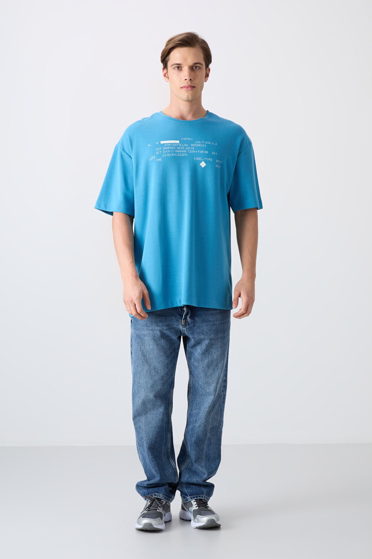 Petrol Blue Cotton Thick Soft Textured Oversize Fit Printed Men's T-Shirt - 88326