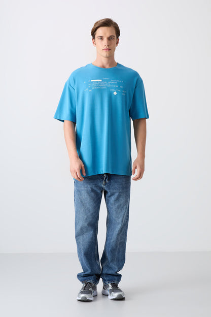 Petrol Blue Cotton Thick Soft Textured Oversize Fit Printed Men's T-Shirt - 88326