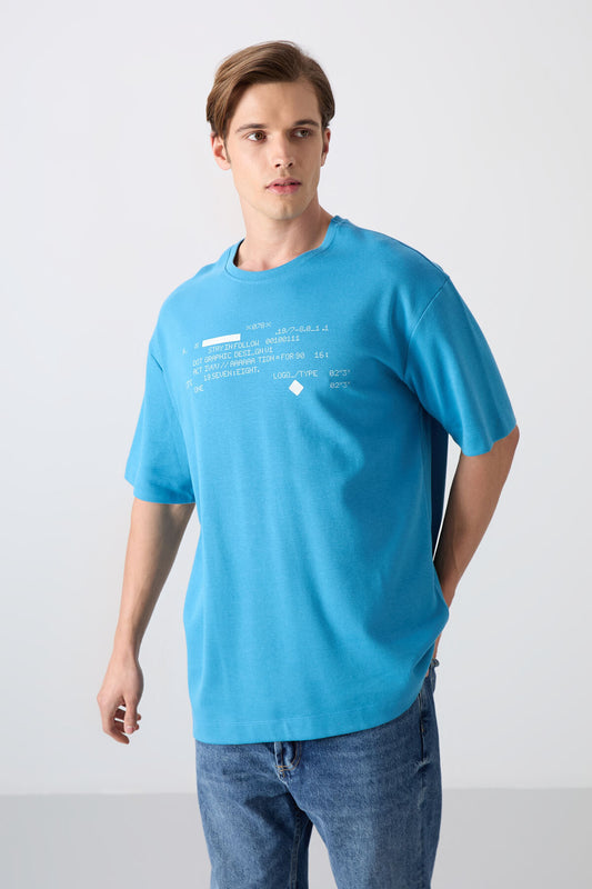 Petrol Blue Cotton Thick Soft Textured Oversize Fit Printed Men's T-Shirt - 88326
