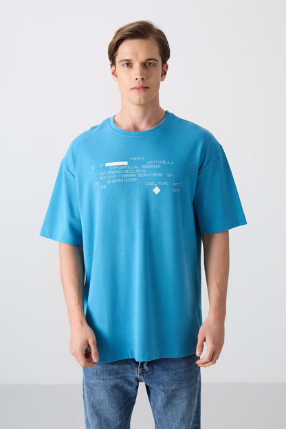 Petrol Blue Cotton Thick Soft Textured Oversize Fit Printed Men's T-Shirt - 88326