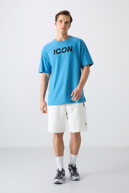 Petrol Blue Cotton Thick Soft Textured Oversize Fit Printed Men's T-Shirt - 88331
