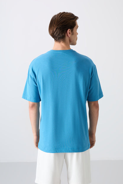 Petrol Blue Cotton Thick Soft Textured Oversize Fit Printed Men's T-Shirt - 88331