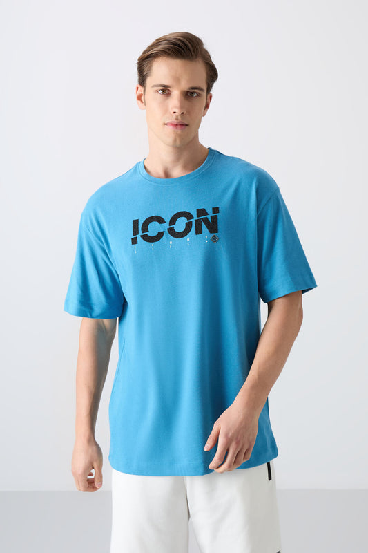 Petrol Blue Cotton Thick Soft Textured Oversize Fit Printed Men's T-Shirt - 88331