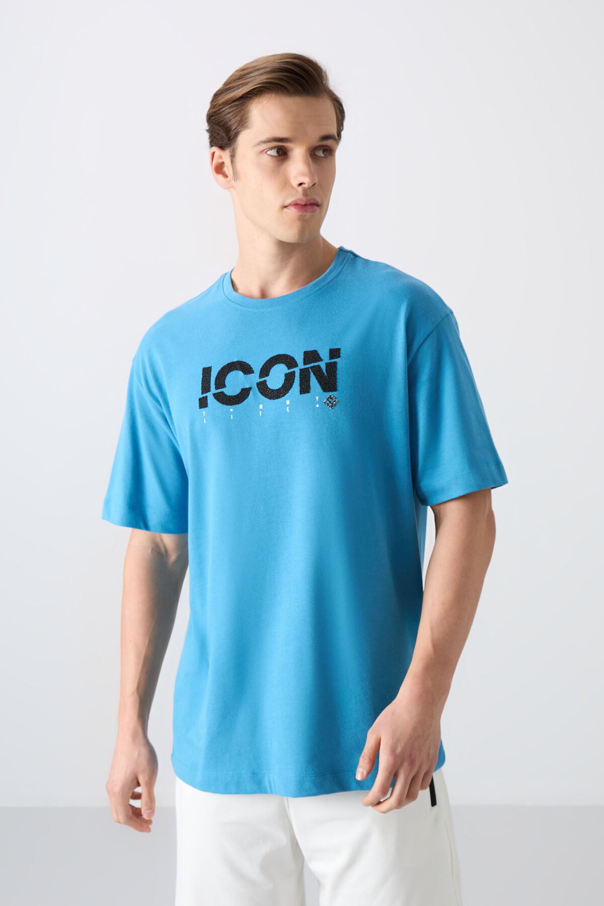 Petrol Blue Cotton Thick Soft Textured Oversize Fit Printed Men's T-Shirt - 88331