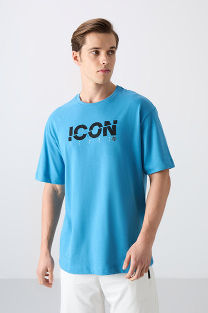 Petrol Blue Cotton Thick Soft Textured Oversize Fit Printed Men's T-Shirt - 88331