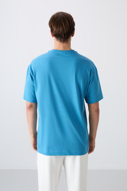 Petrol Blue Cotton Thick Soft Textured Oversize Fit Printed Men's T-Shirt - 88334