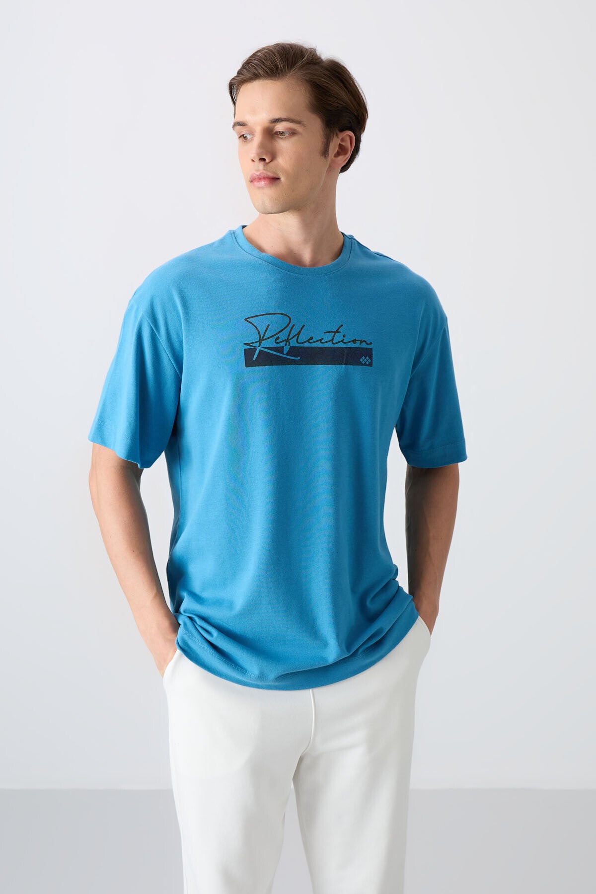Petrol Blue Cotton Thick Soft Textured Oversize Fit Printed Men's T-Shirt - 88334