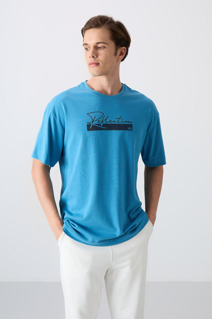 Petrol Blue Cotton Thick Soft Textured Oversize Fit Printed Men's T-Shirt - 88334