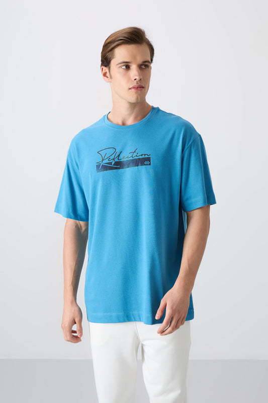 Petrol Blue Cotton Thick Soft Textured Oversize Fit Printed Men's T-Shirt - 88334