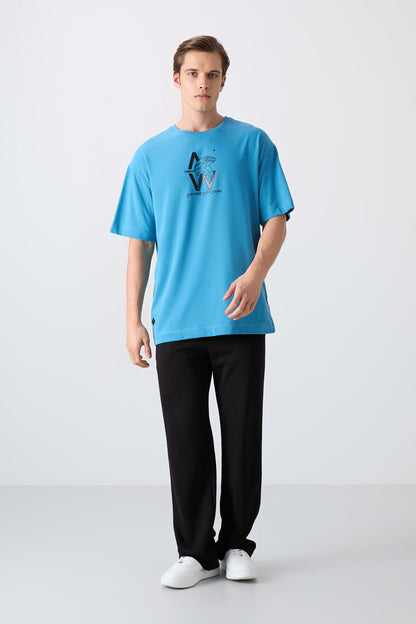 Petrol Blue Cotton Thick Soft Textured Oversize Fit Printed Men's T-Shirt - 88332
