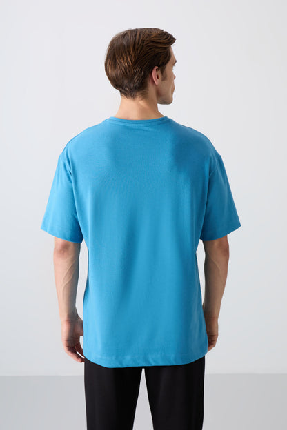 Petrol Blue Cotton Thick Soft Textured Oversize Fit Printed Men's T-Shirt - 88332