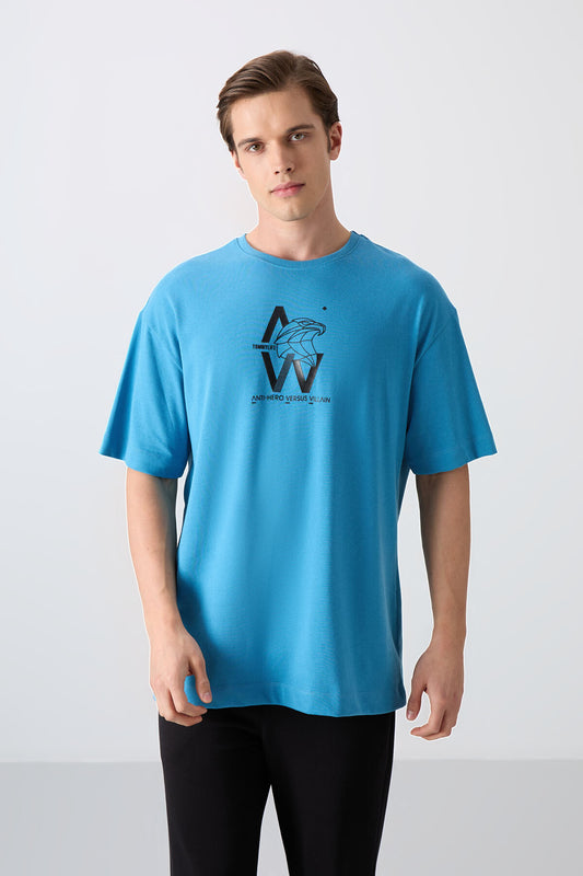 Petrol Blue Cotton Thick Soft Textured Oversize Fit Printed Men's T-Shirt - 88332