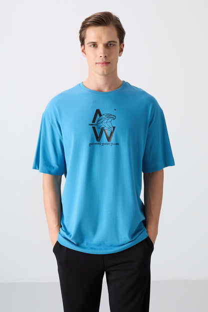 Petrol Blue Cotton Thick Soft Textured Oversize Fit Printed Men's T-Shirt - 88332