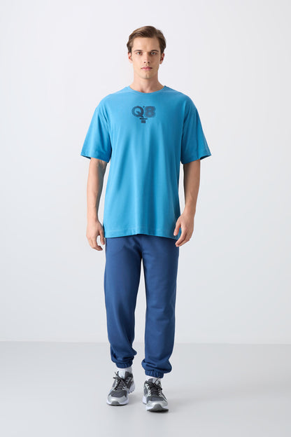 Petrol Blue Cotton Thick Soft Textured Oversize Fit Printed Men's T-Shirt - 88333