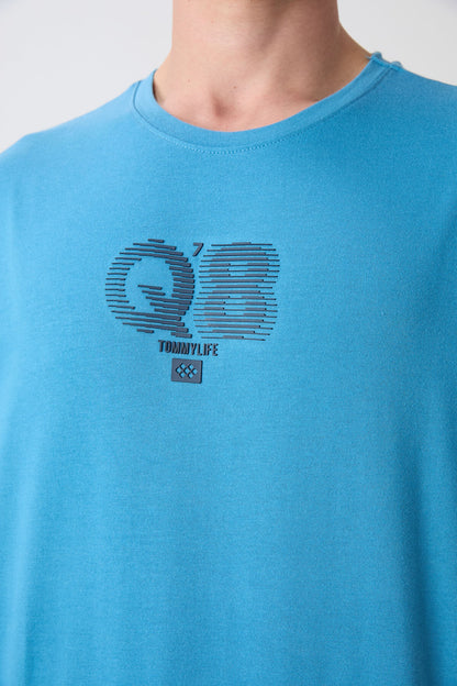Petrol Blue Cotton Thick Soft Textured Oversize Fit Printed Men's T-Shirt - 88333