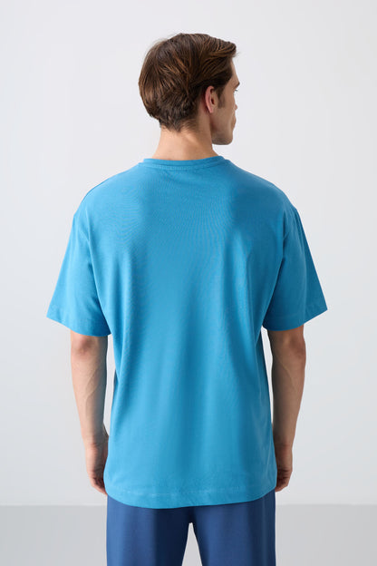 Petrol Blue Cotton Thick Soft Textured Oversize Fit Printed Men's T-Shirt - 88333