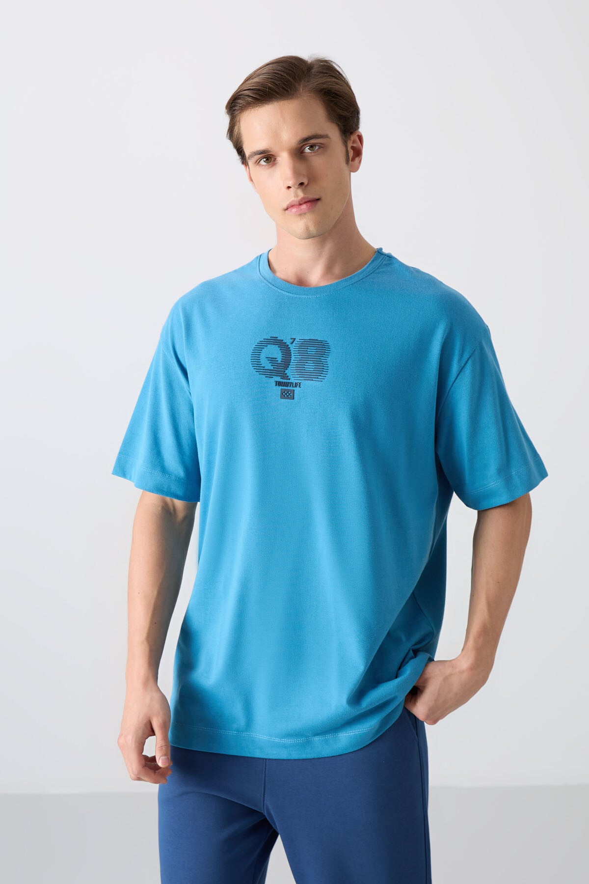 Petrol Blue Cotton Thick Soft Textured Oversize Fit Printed Men's T-Shirt - 88333