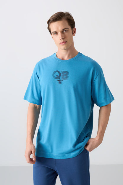 Petrol Blue Cotton Thick Soft Textured Oversize Fit Printed Men's T-Shirt - 88333