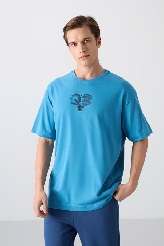Petrol Blue Cotton Thick Soft Textured Oversize Fit Printed Men's T-Shirt - 88333