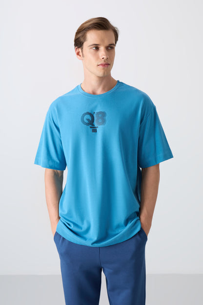Petrol Blue Cotton Thick Soft Textured Oversize Fit Printed Men's T-Shirt - 88333