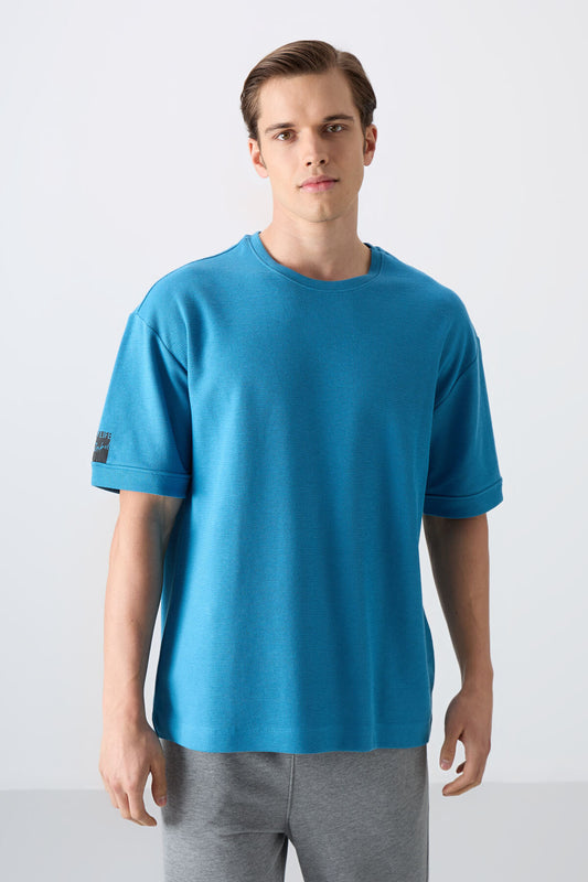 Petrol Blue Cotton Thick Textured Surface Oversize Fit Basic Men's T-Shirt - 88339