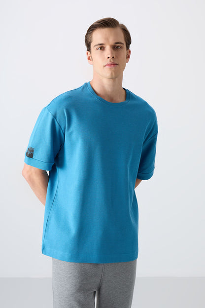 Petrol Blue Cotton Thick Textured Surface Oversize Fit Basic Men's T-Shirt - 88339