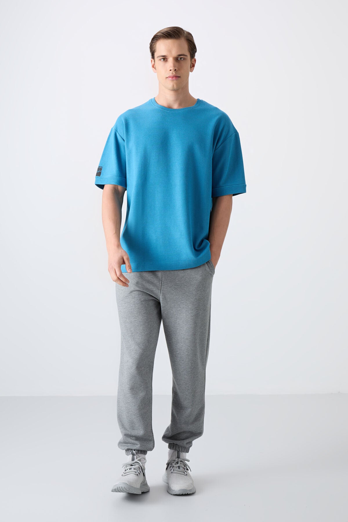 Petrol Blue Cotton Thick Textured Surface Oversize Fit Basic Men's T-Shirt - 88339