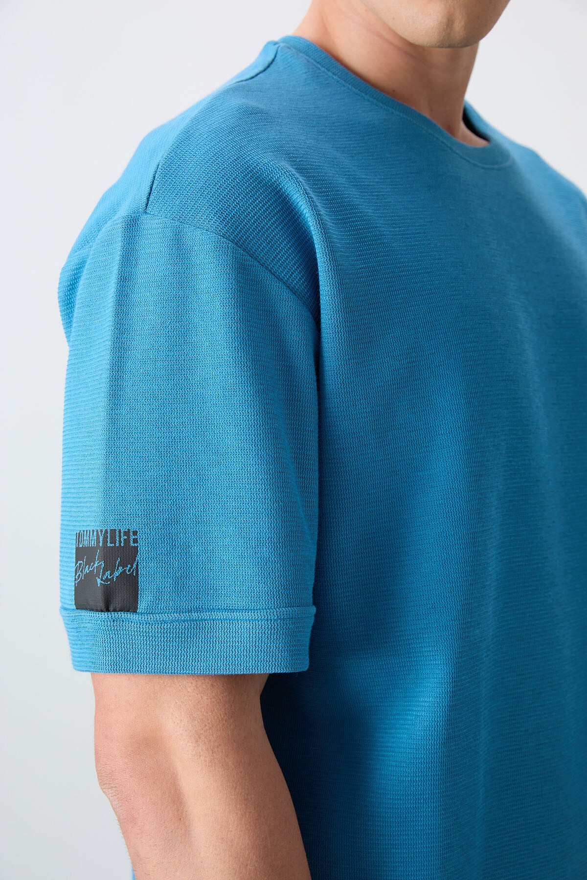 Petrol Blue Cotton Thick Textured Surface Oversize Fit Basic Men's T-Shirt - 88339