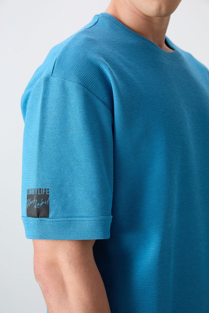 Petrol Blue Cotton Thick Textured Surface Oversize Fit Basic Men's T-Shirt - 88339