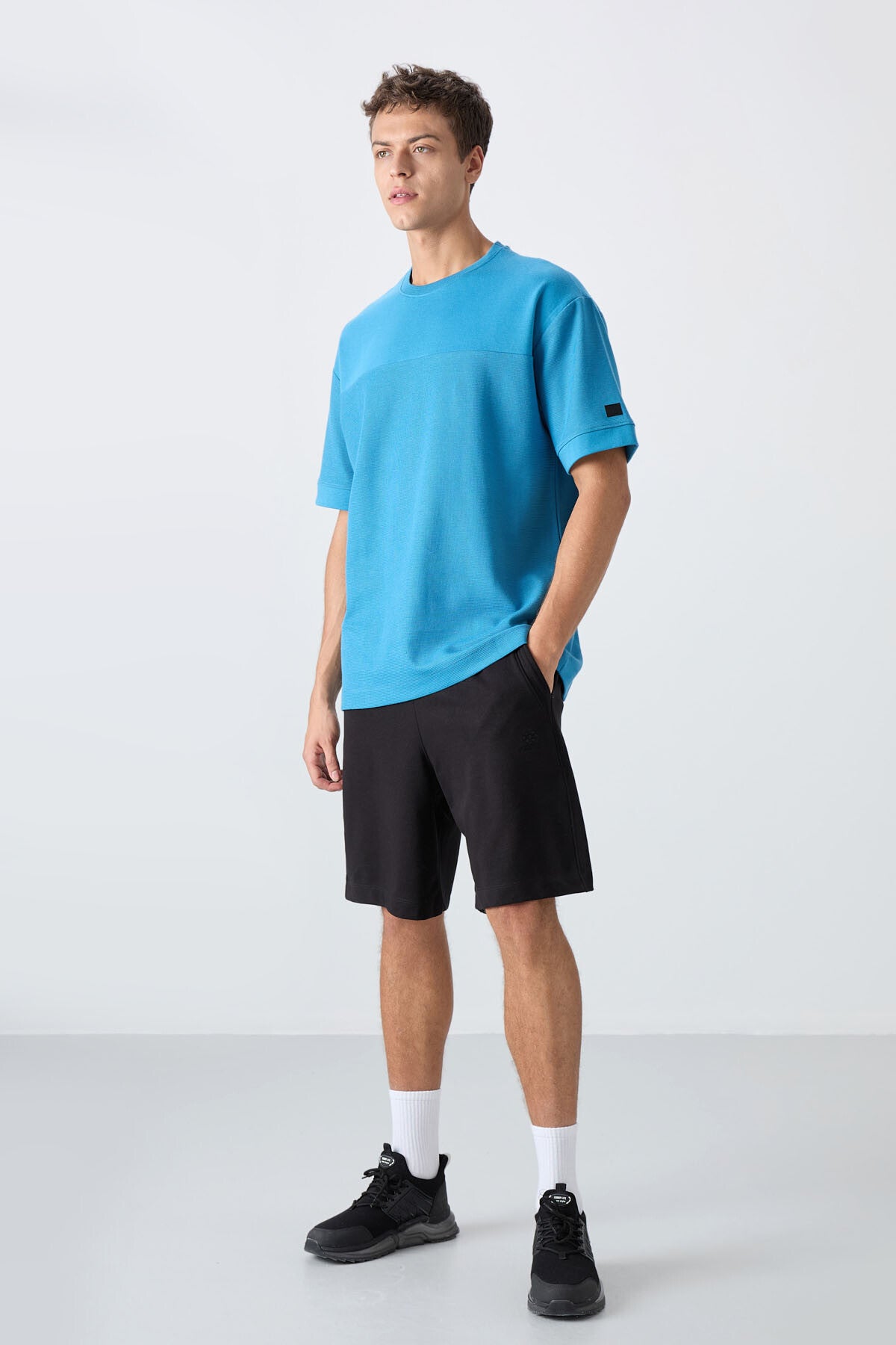 Petrol Blue Cotton Thick Textured Surface Oversize Fit Basic Men's T-Shirt - 88340