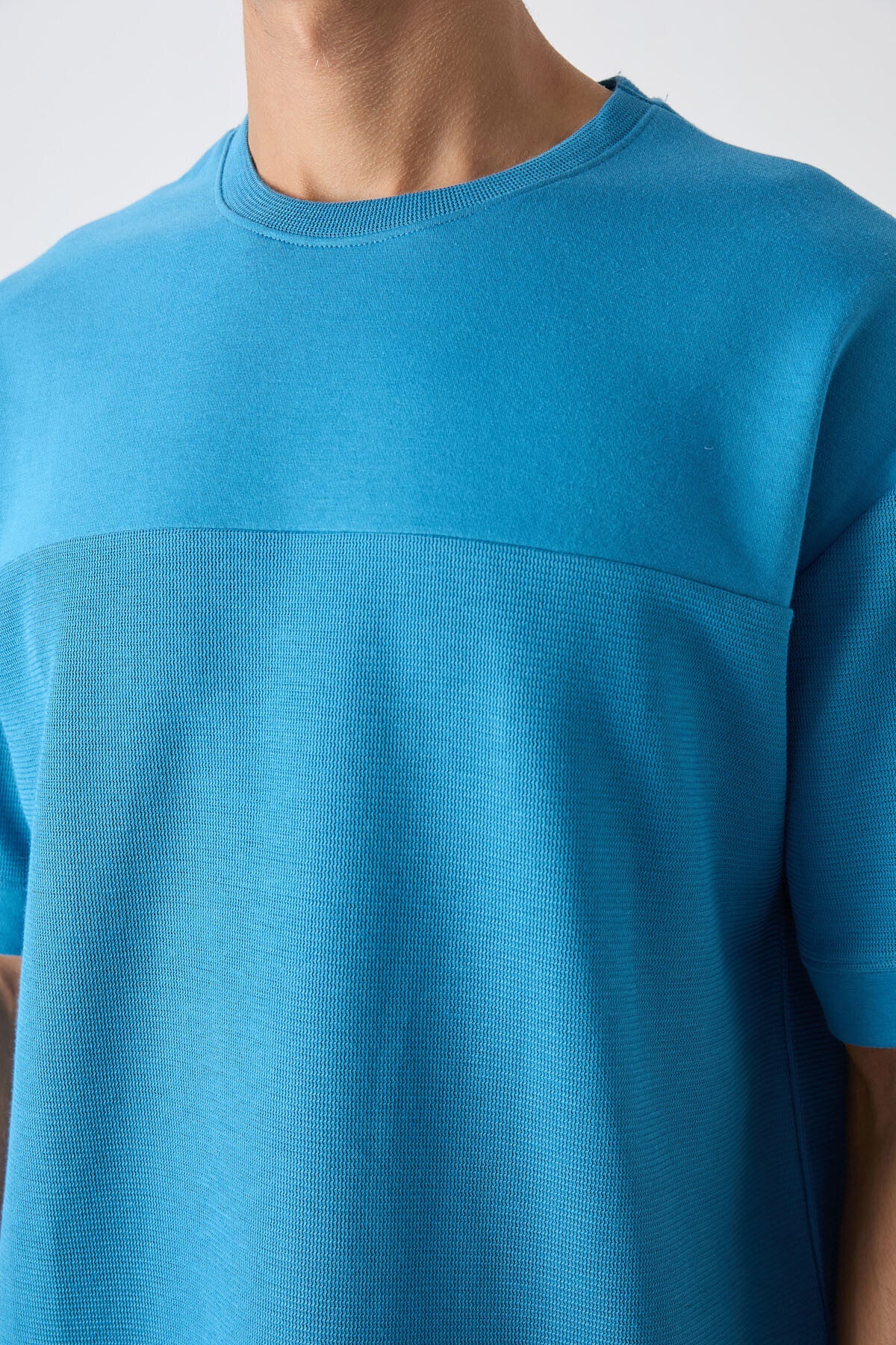 Petrol Blue Cotton Thick Textured Surface Oversize Fit Basic Men's T-Shirt - 88340
