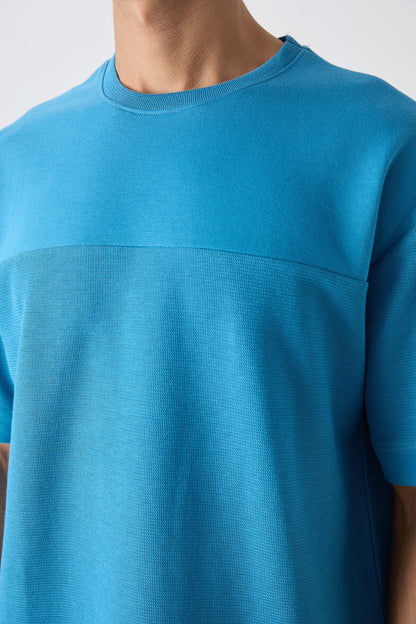 Petrol Blue Cotton Thick Textured Surface Oversize Fit Basic Men's T-Shirt - 88340