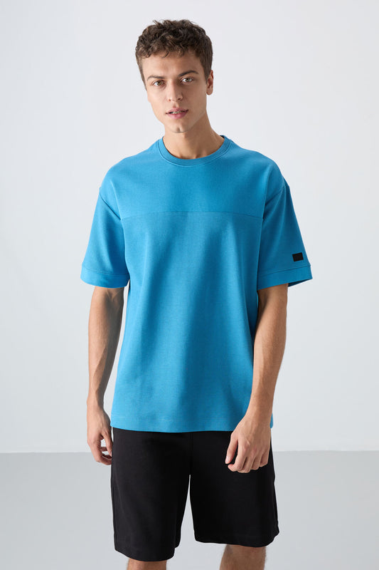 Petrol Blue Cotton Thick Textured Surface Oversize Fit Basic Men's T-Shirt - 88340