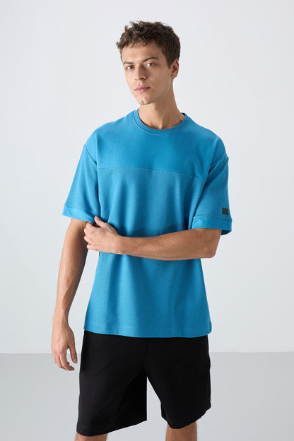 Petrol Blue Cotton Thick Textured Surface Oversize Fit Basic Men's T-Shirt - 88340