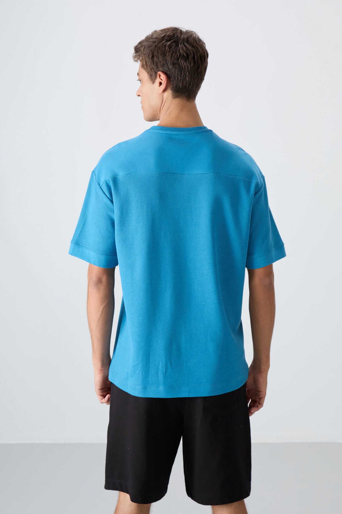 Petrol Blue Cotton Thick Textured Surface Oversize Fit Basic Men's T-Shirt - 88340