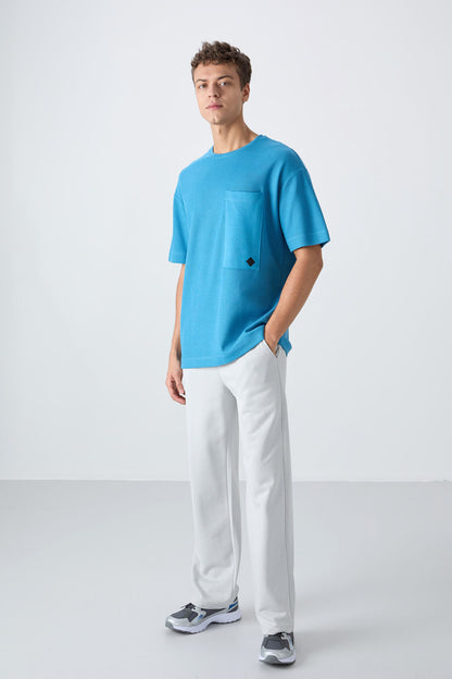 Blue Cotton Thick Textured Surface Oversize Fit Basic Men's T-Shirt - 88341