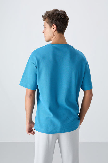 Blue Cotton Thick Textured Surface Oversize Fit Basic Men's T-Shirt - 88341
