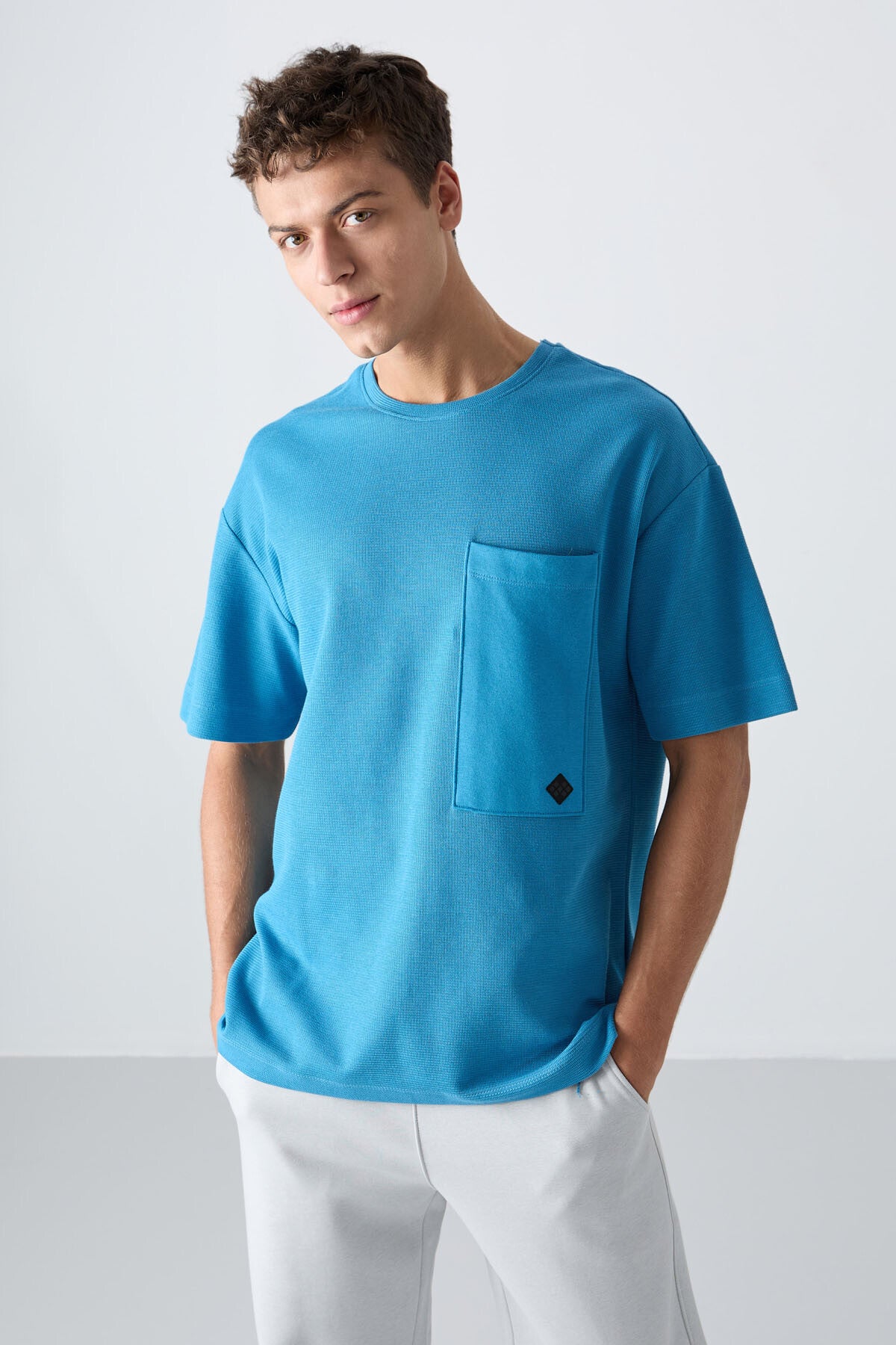 Blue Cotton Thick Textured Surface Oversize Fit Basic Men's T-Shirt - 88341