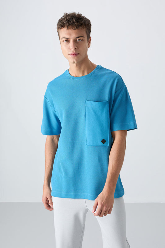 Blue Cotton Thick Textured Surface Oversize Fit Basic Men's T-Shirt - 88341