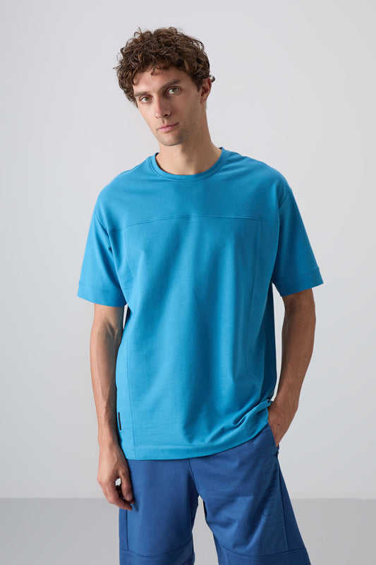 Petrol Blue Cotton Thick Soft Textured Oversize Fit Basic Men's T-Shirt - 88349