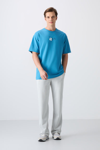 Petrol Blue Cotton Thick Soft Textured Oversize Fit Printed Men's T-Shirt - 88350