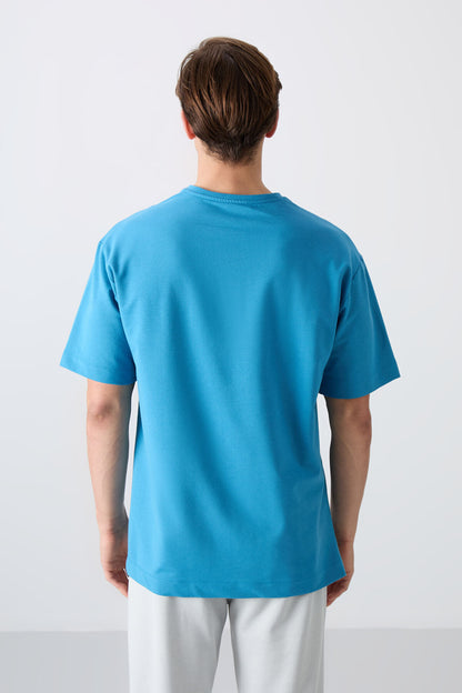 Petrol Blue Cotton Thick Soft Textured Oversize Fit Printed Men's T-Shirt - 88350