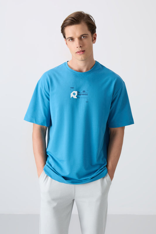 Petrol Blue Cotton Thick Soft Textured Oversize Fit Printed Men's T-Shirt - 88350