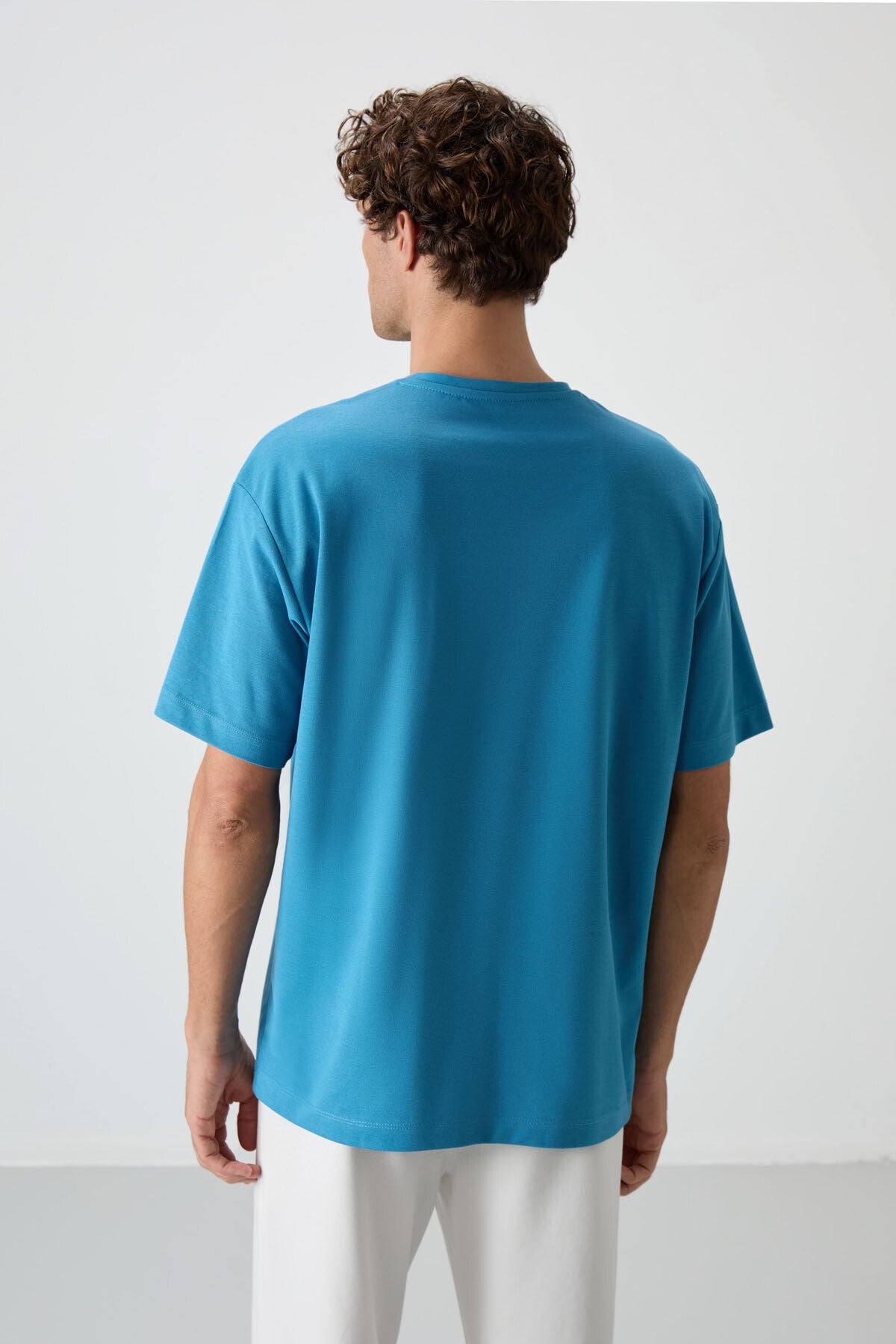 Petrol Blue Cotton Thick Textured Surface Oversize Fit Printed Men's T-Shirt - 88364